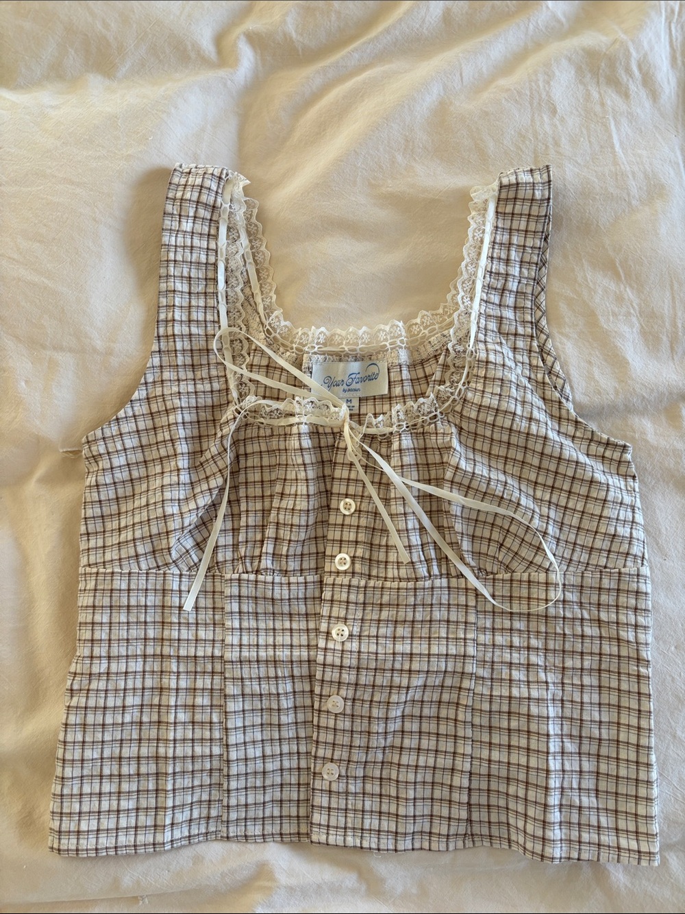 PacSun Cream and Brown Plaid Lace-Trim Button-Front Camisole